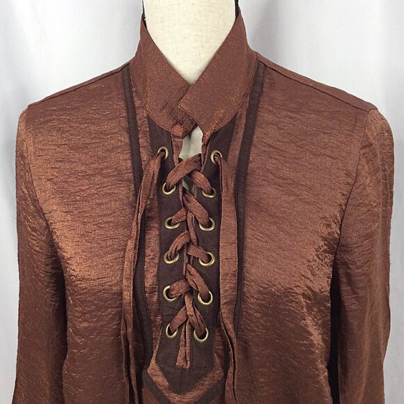 Ali Miles Tunic Top Womens Size XL Brown Metallic Lace Up Slit Hem - Picture 5 of 8